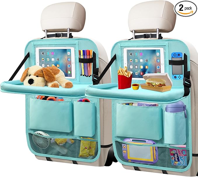 Etre Jeune Backseat Car Organizer with Tablet Holder, 6 Storage Pockets Car Storage Organizer with Foldable Food Tray, Kick Mats Travel Accessories, 2 Pack BLue