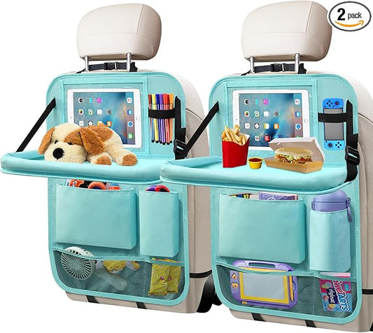 Etre Jeune Backseat Car Organizer with Tablet Holder, 6 Storage Pockets Car Storage Organizer with Foldable Food Tray, Kick Mats Travel Accessories, 2 Pack BLue