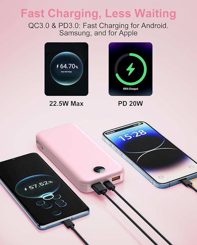 Portable Charger, 12000mAh 22.5W Fast Charging Power Bank with Built-in Cables & Wall Plug, External Battery Pack with LED Display, Travel Essentials Battery Bank for iPhone, iPad, Samsung Fairy Pink