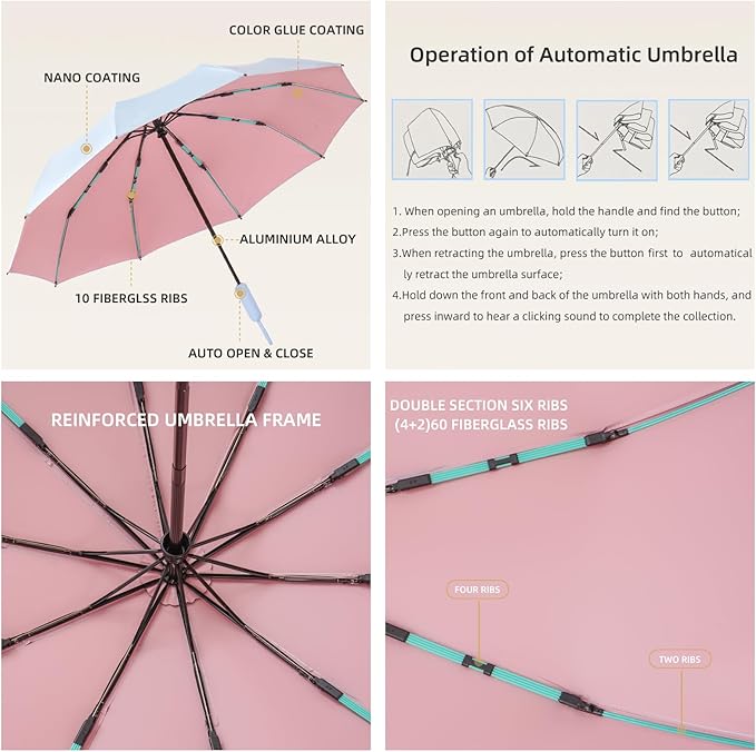 Folding Umbrella Anti-UV Compact Durable Folding Umbrella Auto Open Close Windproof Travel Umbrella Premium Grip Fits Backpack