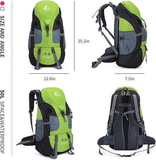 Bseash 50L Hiking Backpack, Water Resistant Lightweight Outdoor Sport Daypack Travel Bag for Camping Climbing Skiing Cycling (Green - No Shoe Compartment)