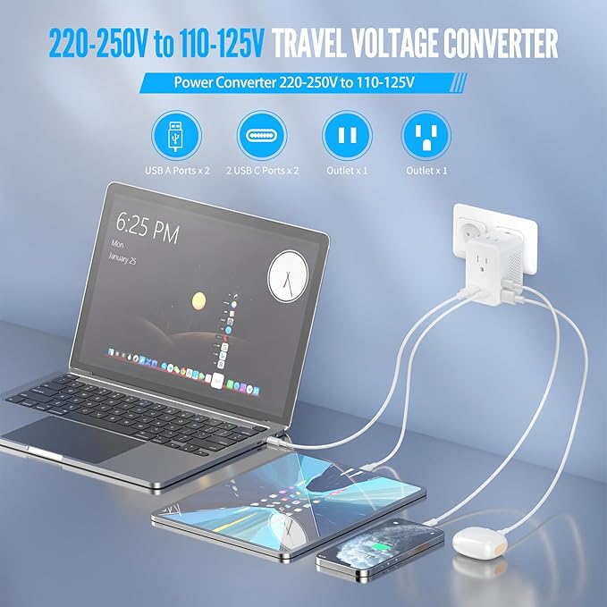 220V to 110V Voltage Converter US to Europe Travel, Adapter Plug Converter for European Travel with 20W PD & 2 USB-A & 2 USB-C Port, European Power Converter Combo USA to Spain Italy France (White)