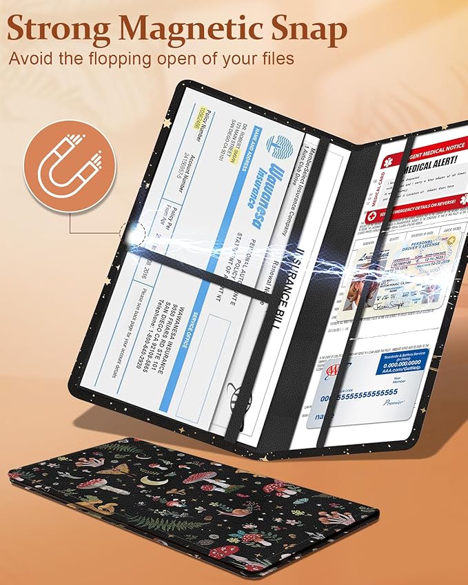 Slohif Car Registration and Insurance Holder - Black Mushroom Vehicle Glove Box Organizer Women with Magnetic Shut Leather Automobile License Holders Coasters Auto Accessories Case for Document