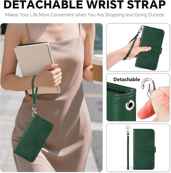 TUCCH 2-in-1 Removable Wallet Case for iPhone 17 Pro Max 6.9", Wireless Charging | RFID Blocking 4 Card Holder | Wrist Strap | Kickstand | Magnetic | PU Leather | Protective Flip Cover | Dark Green
