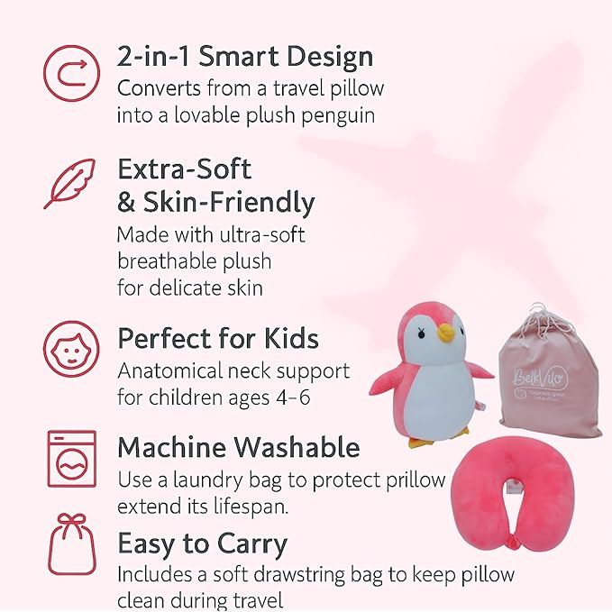BelkVilo. 2 in1 Plush Penguin Travel Pillow – Pink Kids Travel Pillow for Airplane, Car, or Stroller | Extra-Soft Plush, Medium (12.2 in)