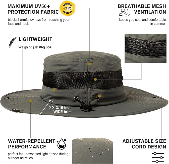 Oversized XL XXL Waterproof Sun Hat for Big Heads Mesh Bucket Hat Wide Brim Adjustable Packable Hiking Beach Fishing