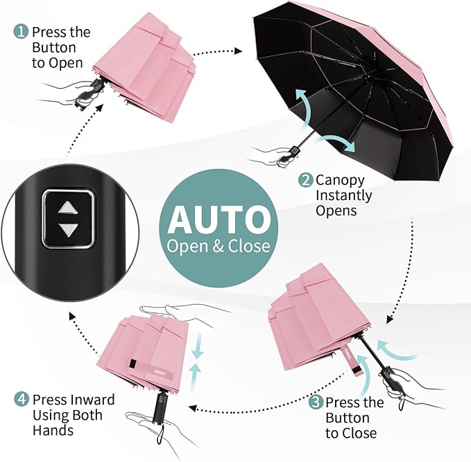Seniny Travel Umbrella with Carabiner Handle, Windproof Large Umbrellas for Rain with Dual-Rib Structure, Portable Compact Umbrella with Reflective Strip, Car Backpack UV Umbrellas for Sun Protection