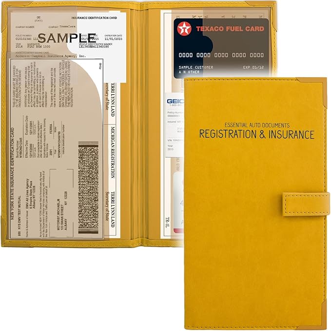 Auto Insurance and Registration Card Holder - Vehicle Glove Box Document Organizer - Car Essential Paperwork Holder for DMV, AAA, Contact Information Cards - Premium PU Leather Wallet Case - Yellow