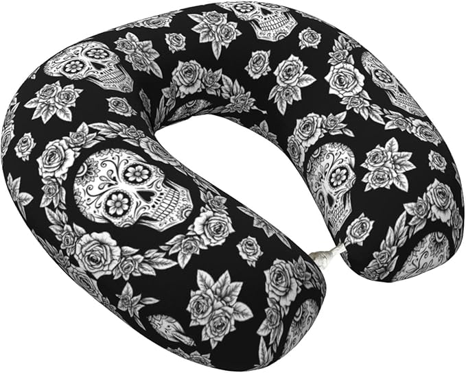 Travel Neck Pillows for Sleeping Rest Car Airplanes Black and White Floral Day of The Dead Mexican Sugar Skulls, Memory Foam with Removable Breathable Zipper Cover Washable for Men Women