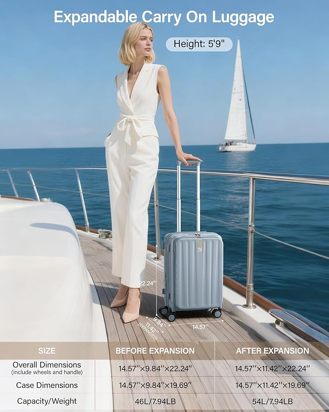 Hanke 20 Inch Expandable Carry On Luggage Airline Approved Top Opening Hard Shell Suitcases with Wheels Lightweight Travel Luggage Carry On Suitcase for Woman Men-Grey