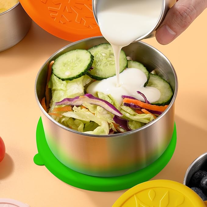 Homotte 304 Stainless Steel Containers with Lids Small for Lunch Food/Snacks, Leak-Proof and Round Stainless Steel Food Storage Containers for Back to School Kids, 3 Pack Stackable (4oz, 8oz, 14oz)
