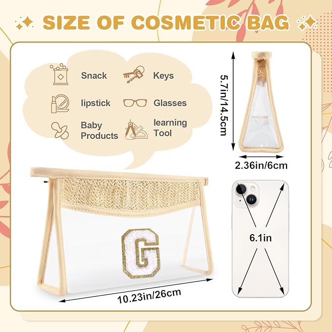 Personalized Initial Letter Bag Boho Straw Clear Makeup Bag,Small Cute Chenille Varsity Letter Bag With Zipper,Beach Travel Toiletry Bag,Portable Monogrammed Cosmetic Bag for Women Girls,G