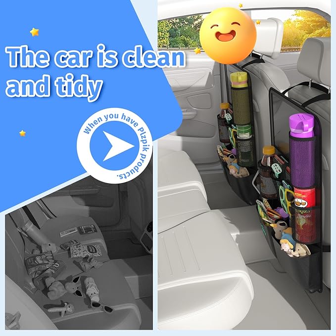 Car Backseat Organizer with Tablet Holder,11 Storage Pockets with Foldable Food Tray, Protector Kick Mats for Kids, Travel Accessories Organizer (Black, 2Pack)