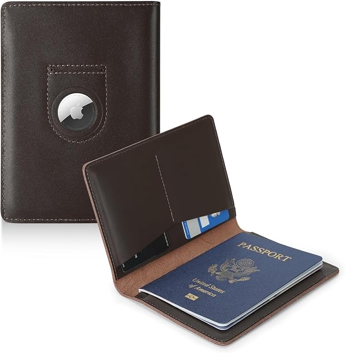 Full Grain Leather AirTag Passport Holder Wallet Cover for Men and Women Travel, Passport Holder with AirTag Slot Passport Wallet, Travel Essentials Genuine Leather Passport Cover Gifts (Coffee)