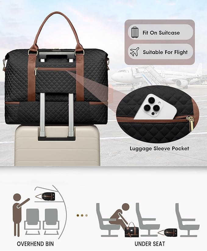 Travel Duffle for Women Weekender Bags - Large Duffel Overnight Bag with Shoe Compartment Carry on Tote Toiletry Weekend Yoga Gym Bags with Wet Pocket Hospital for Labor and Delivery Black Brown