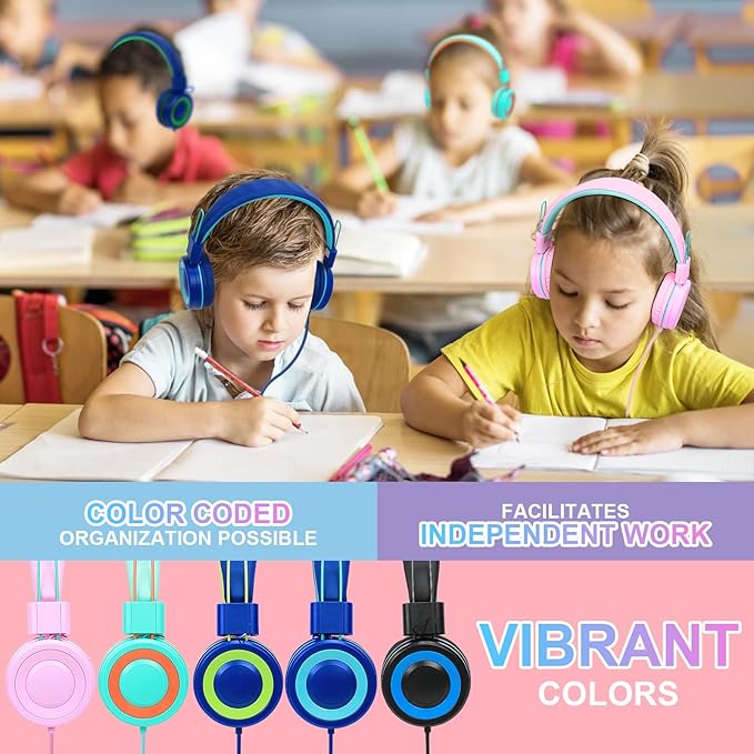 CN-Outlet 10 Pack Classroom Headphones Bulk for K-12 School Kids, Class Set Headphones for Students Teens Library Computer Testing Centers (Mixed Color with Microphone)