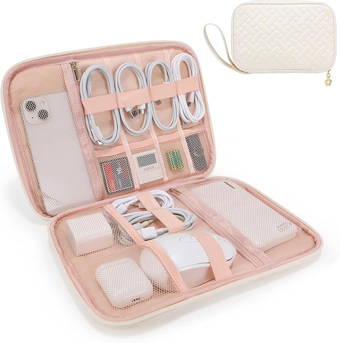 Electronics Organizer Travel Case, Charger Bag Cord Organizer Travel, Compact Tech Pouch Cable Organizer Bag for Charger, Cords, Phone, Headphones, Flash Drive, SD Card (Beige, Large-Single Layer)