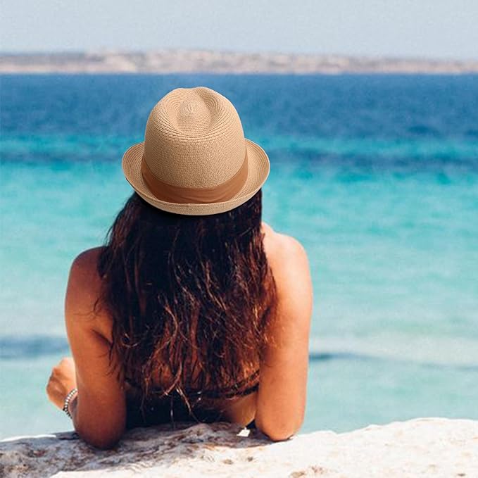 DRESHOW Women Straw Panama Hat Travel Fedora Beach Sun Hat Summer Wide Brim Straw Roll up Hat UPF 50+