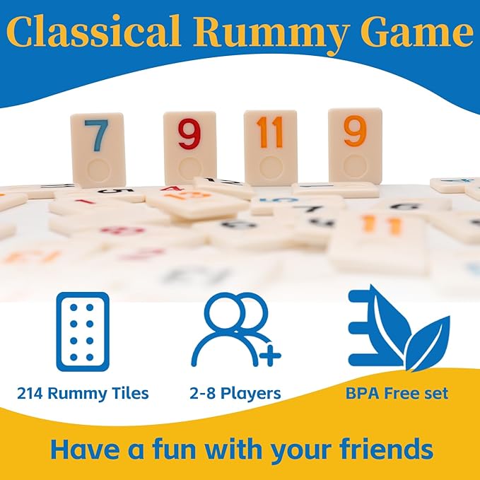 Upgraded Rummy Cube Game Set 6-8 Players with 8 Wooden Holders and 214 Rummy Tiles, Travel Family Board Game for Adults and Kids Age 8+,Birthday Gifts for Women Men Dad Mom