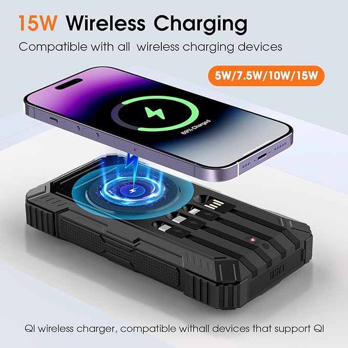 Solar Charger 49800mAh Power Bank - Wireless Portable Phone Charger with 4 Built-in Cable,22.5W Fast Charging Battery Pack USB C in/Output for All Cell Phone iPhone,Galaxy,Android,Etc(Black)