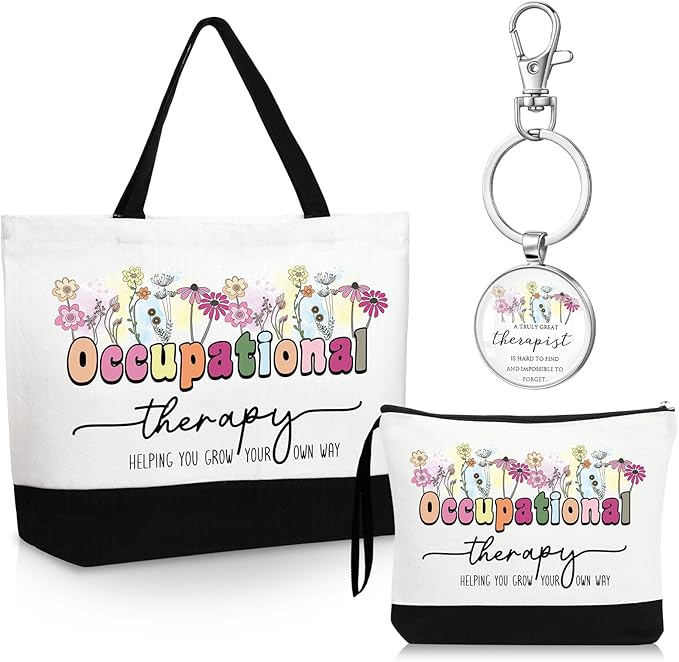 Kacctyen 3 Pcs Occupational Therapy Gifts Canvas Tote Bag Mental Healthy Makeup Cosmetic Bag Psychology Appreciation Keychains OT Gifts for Women Therapists(Cute Occupational)