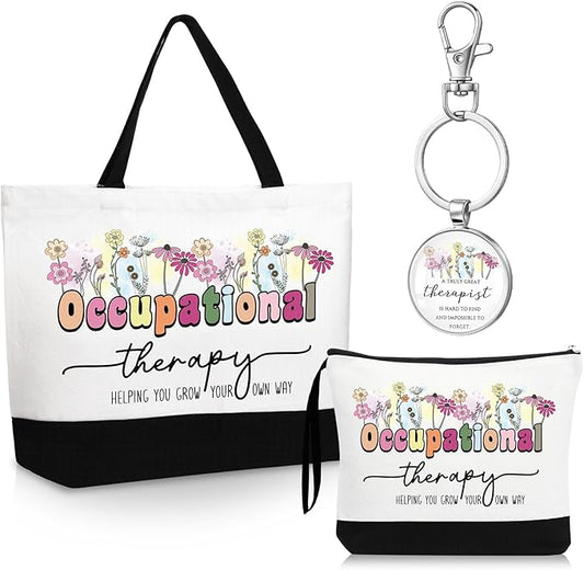 Kacctyen 3 Pcs Occupational Therapy Gifts Canvas Tote Bag Mental Healthy Makeup Cosmetic Bag Psychology Appreciation Keychains OT Gifts for Women Therapists(Cute Occupational)