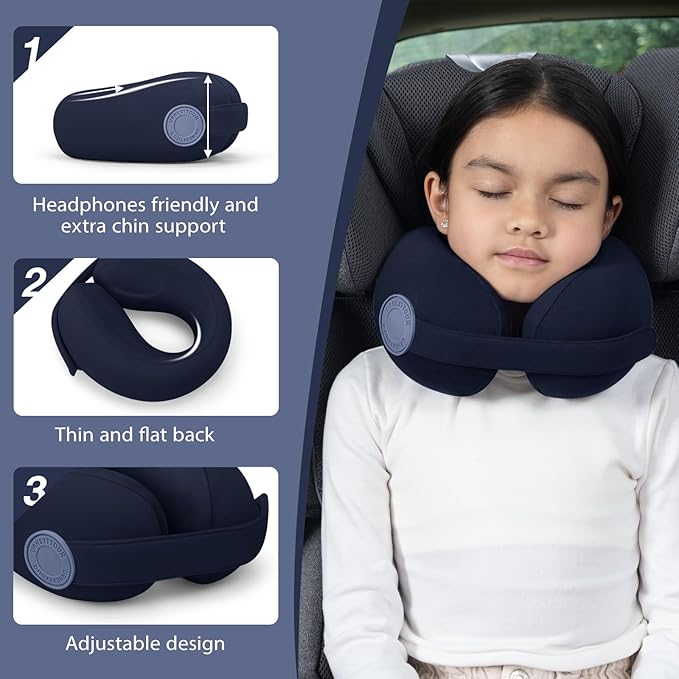 Car Pillow for Big Kids Travel Neck Pillows, Memory Foam Neck Support Travelling Pillow with Washable Cotton Pillowcases and Storage Bag, for Airplane, Train, Flight and Home Use Blue