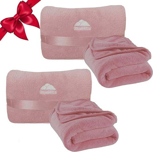 BlueHills 2 Pack Travel Blanket Pillow in Mini Soft Case Premium Plush Airplane Blankets Soft Bag Compact with Luggage Belt and Backpack Clip Small Traveling Pillows Lightweight Accessories - Pink M22