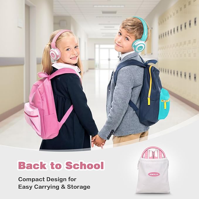 SIMOLIO Wired Headphones for Kids with Mic & Share Port, 75dB/85dB/94dB Volume Limit Children Headphone with Portable Bag for School/Travel, Stereo Sound, Tangle-Free Cord (Pink&White)