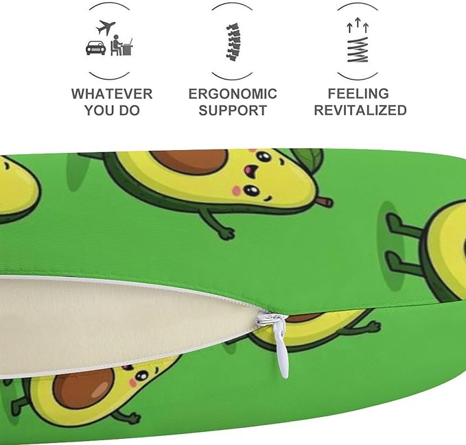 Travel Neck Pillow Memory Foam U Shaped Cushion Cute Cartoon Avocado, Washable Cover for Airplane Car Office Home Sleeping Pain Relief