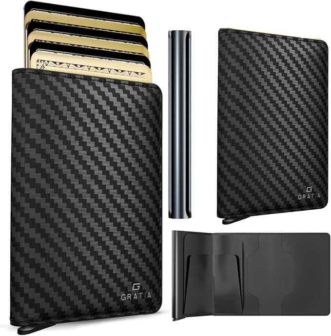 GRATIA Slim Wallet for Men - RFID Blocking, Minimalist Credit Card Holder, Stylish Men Wallet for Security & Convenience, Front & Back Pocket Cardholder, Holds 8 Cards (Carbon)