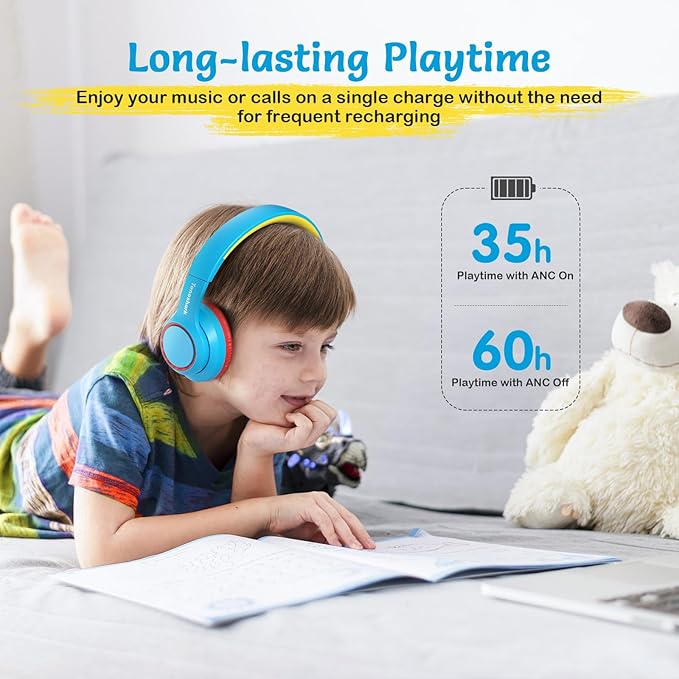 Kids Bluetooth Headphones with Active Noise Cancelling, Wireless Over-Ear Headphones for Boys Girls, Foldable, Adjustable,for School Trave (Blue red)