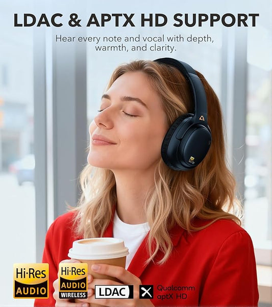 1Mii E700 Wireless Bluetooth Over Ear Headphones with Active Noise Canceling, Hi-Res Audio LDAC/aptX Low Latency for Airplane Travel Overhead Comfort, 54H Playtime, Custom EQ via App - Blue