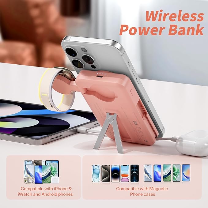 Magnetic 10000mAh Portable Charger Built-in Cables Compatible with iWath, iPhone and Android Devices, 22.5W PD Fast Charging External Battery Pack Slim Wireless Power Bank
