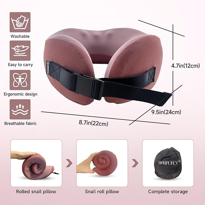 SPRFUFLY Travel Pillow/Neck Brace - 100% Memory Foam Neck Pillow for Sleeping, Airplane Pillow with Sleep Mask & Earplugs, Travel Essentials Neck Brace Pillow for Airplane, Car, Office & Home(Pink)