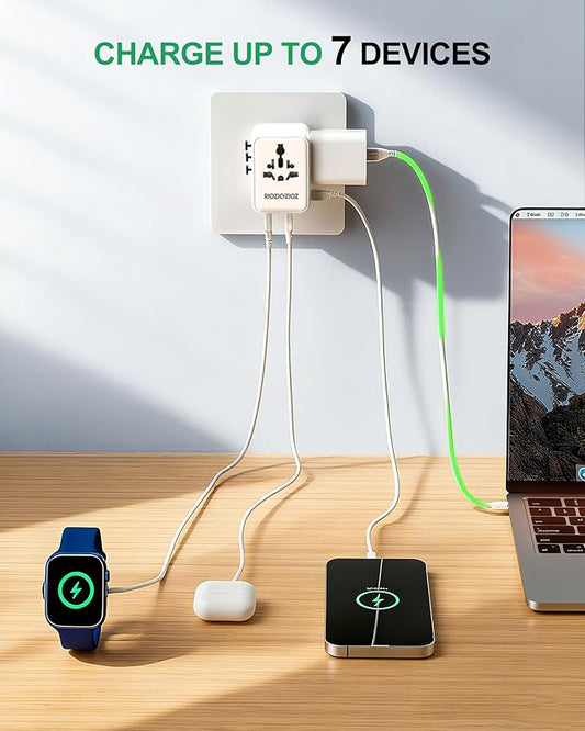 70W Universal Travel Plug Adapter,7-Port PD&QC Fast Charging Power Adapter(2AC&2USB-A&3USB-C),Worldwide Outlet Wall Charger for USA/EU/UK/AUS Over 200 Countries-Type C/A/G/I