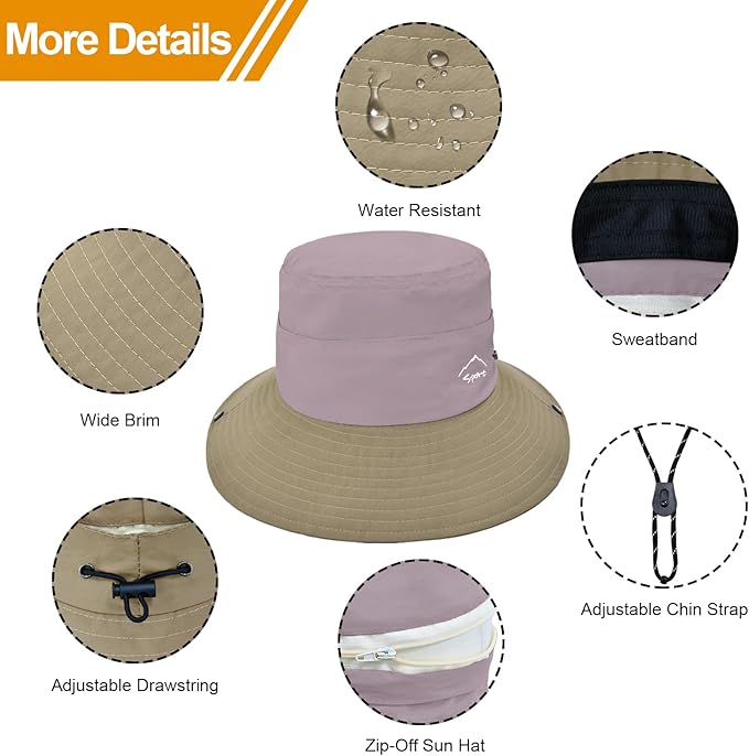 Sun Hats for Women Bucket Hat UV Protection Fishing Hat Wide Brim Safari Hats 2 in 1 Zip-Off Sun Visor Hats UPF 50+