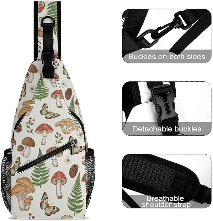 SWEET TANG Anti Theft Sling Chest Bag Shoulder Backpack Mushroom Moth Floral Crossbody Bags Gym Sack, Polyester Daypack Lightweight for Men Women Travel Gym Sport Hiking