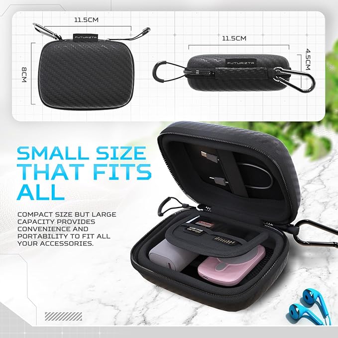 Futurizta Tech® Mini Hard Shell EVA Carrying Case Impact & Water Resistant with Carabiner, SD Card Slot 9cm x 13cm for Mini Powerbank, Charger, Cable, SSD and Earphones