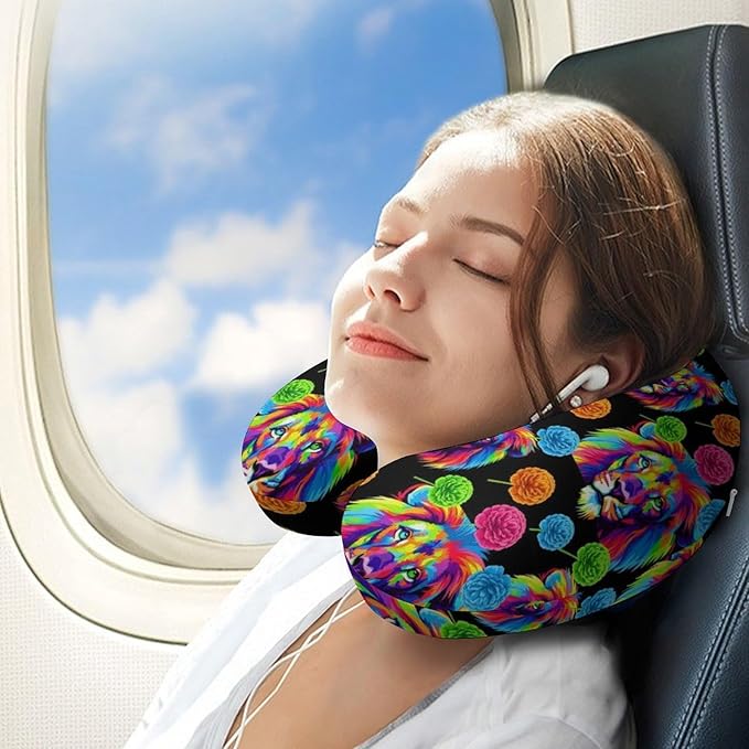 Pain Relief Travel Pillow Memory Foam Chin Support Watercolor Lion Art Painting, Breathable Washable Cover for Airplane Car Office