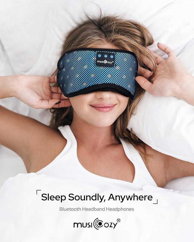 MUSICOZY Bluetooth Sleep Headphones for Side Sleepers, Wireless Headphones with Ultra-Thin Speakers in Comfortable Eye Headphone for Sleeping, Travel, Workout(Mesh Blue)