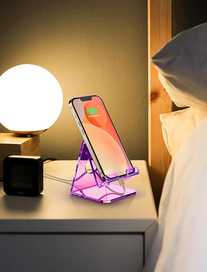 TOPGO Acrylic Cell Phone Stand, Clear phone Holder for Office Desk, Vanity, Kitchen Counter, Bedside Table, Compatible with iPhone 17 16 15 14 13 12 Pro Max Plus/Smartphones/iPad/Switc(Crystal Purple)