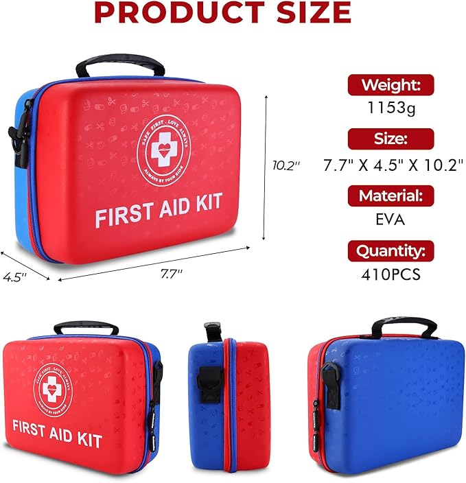 Large First Aid Kit - 410 Piece Dual-Color Emergency Kit with Hard Shell & Fluorescent Interior Coating, Professional Survival Kit for Home, Car, Travel, Hiking & Outdoor(Red/Blue)