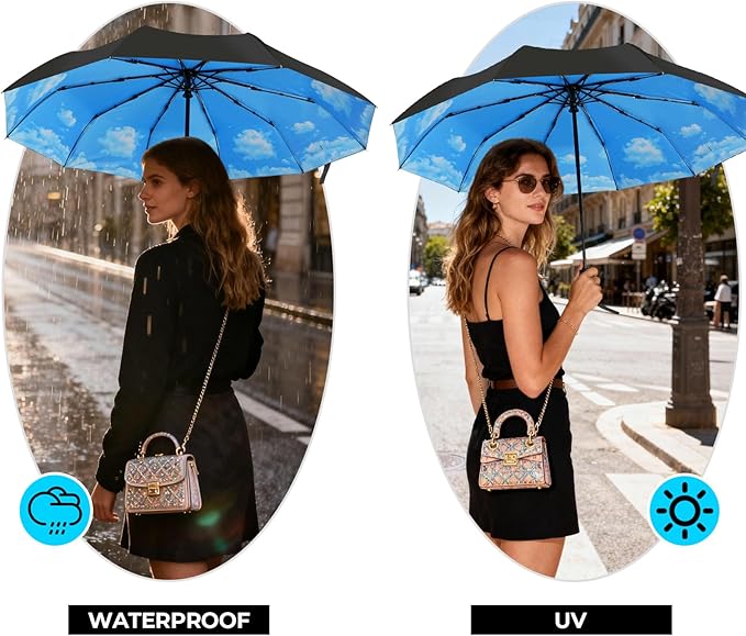 LLanxiry Compact Travel Umbrella, Automatic Open/Close Windproof Umbrella, 10 Fiberglass Ribs, 210T Pongee, UPF 50+ Sun/Rain, Lightweight Portable Umbrellas Travel Size with Carry Sleeve