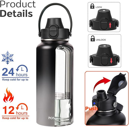 Water Bottle Insulated 32oz 40oz 64oz 128oz Straw Lid Spout Lid & 3 Lids, Leak Proof, Vacuum Insulated,Stainless Steel Water Bottle Wide Mouth for Sports, Gym or Office
