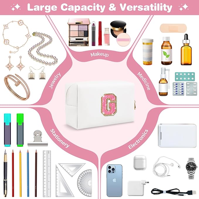 Small Personalized Initial A-Z Patch Makeup Bag,White Cute PU Leather Glitter Letter Cosmetic Bag for Teen Girls,Travel Toiletry Bag with Zipper,Preppy Monogrammed Birthday Gift for Daughter Niece G