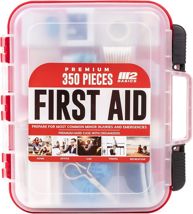 M2 BASICS Professional 350-Piece Emergency First Aid Kit for Car, Home, Office & Business – Organized Dual-Layer Hard Case, Wall-Mountable Medical Supply Organizer, OSHA Workplace Safety