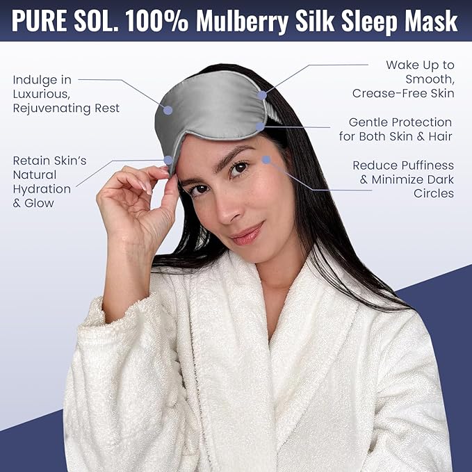 Pure SOL. Silk Sleep Mask - 100% Mulberry Silk Eye Mask - Eye Mask for Sleeping & Blindfold for Power nap During Travel (Charcoal)