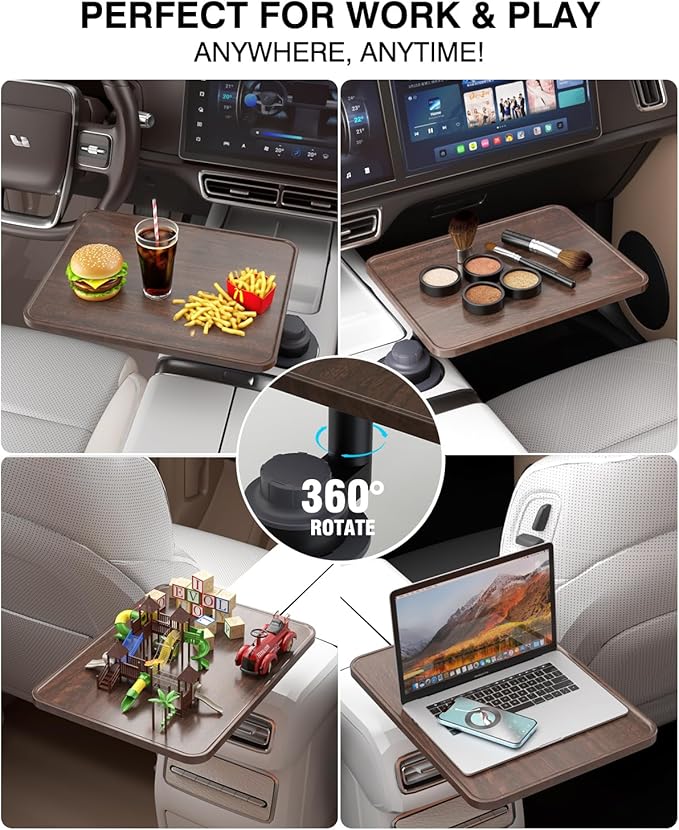 AXVLU Car Desk for Laptop, Cup Holder Table with 360° Rotation - Wooden Car Laptop Mount, Car Table & Car Food Tray Compatible with Tesla Model Y/3/S & Most Vehicles