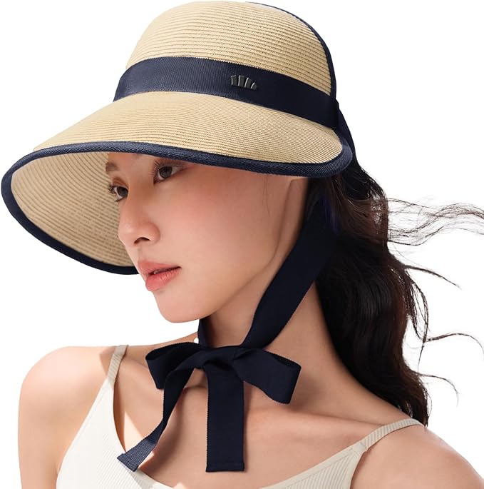 BENEUNDER Sun Visors for Women UPF50+ Foldable Wide Brim Straw Hats Packable Summer Ponytail Beach Hats for Travel